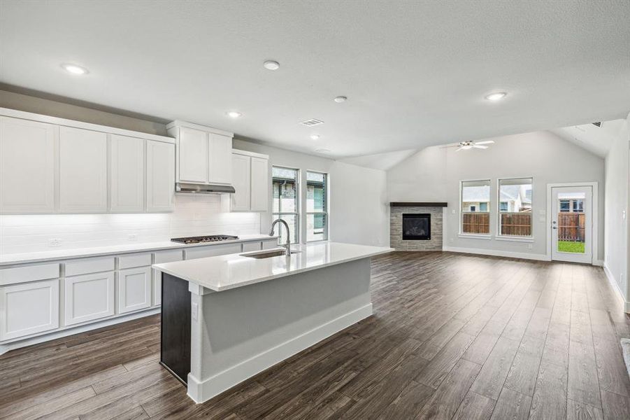 Kitchen with a wealth of natural light, ceiling fan, sink, and dark hardwood / wood-style flooring