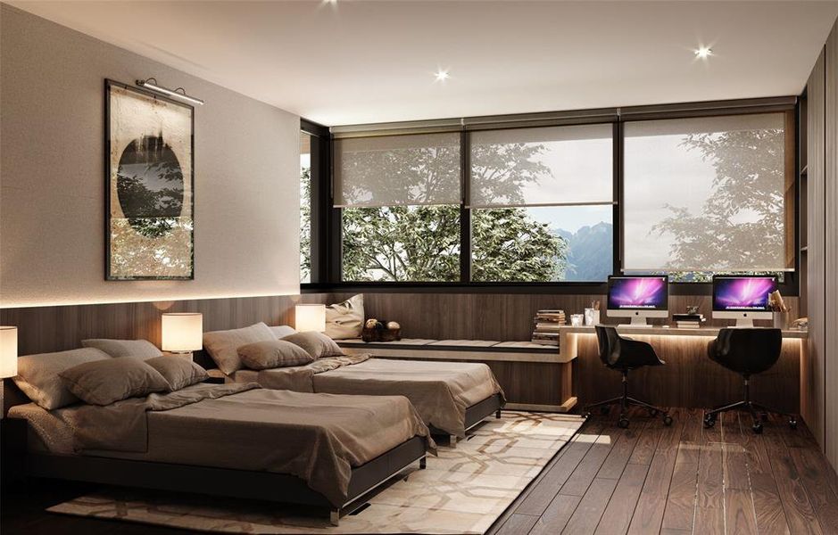 Bedroom featuring wood walls and wood-type flooring