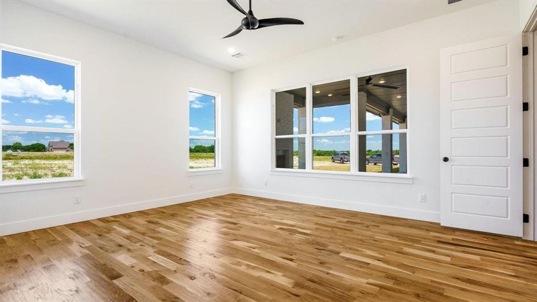 Unfurnished room featuring light hardwood / wood-style floors, a healthy amount of sunlight, and ceiling fan