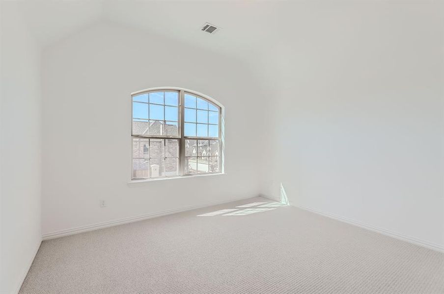 Spare room featuring carpet and vaulted ceiling