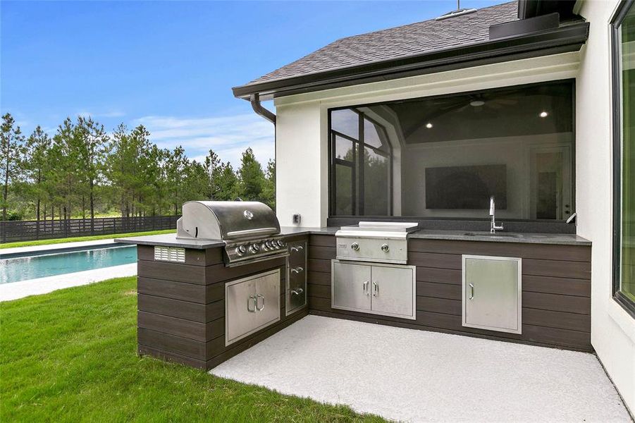 Grilling with a view of your choice - pool, forest, or big screen TV!
