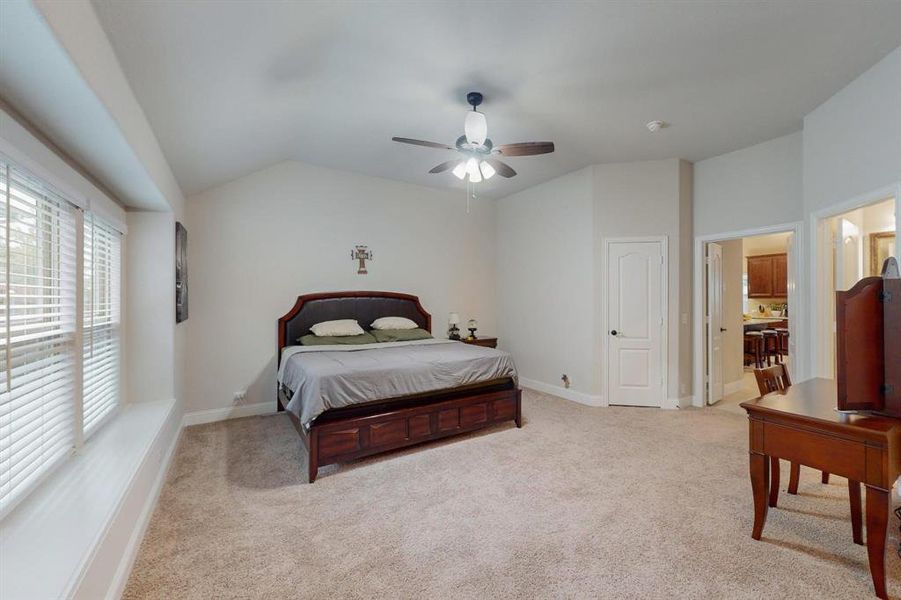 Carpeted bedroom with ensuite bathroom, ceiling fan, and vaulted ceiling