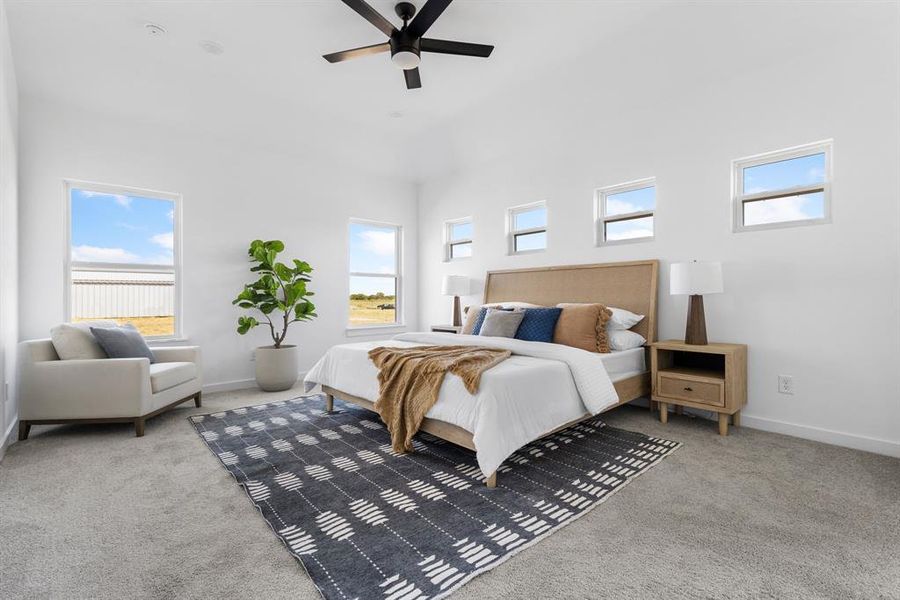 Bedroom with carpet and ceiling fan