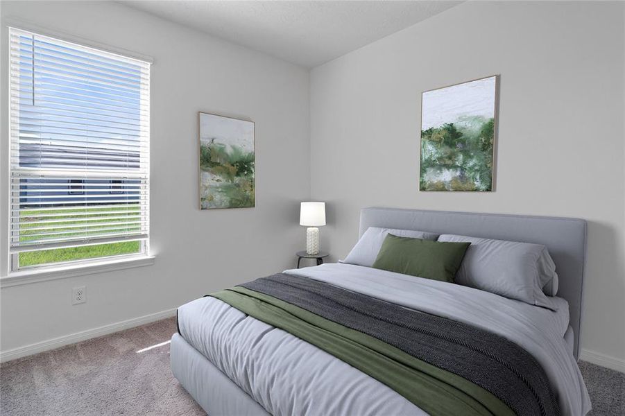 Secondary bedroom features plush carpet, neutral paint, lighting, large window with privacy blinds and ample sized closet space.
