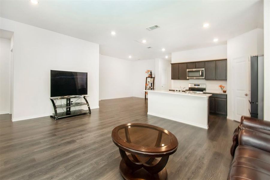Living room featuring sink and dark hardwood / wood-style flooring