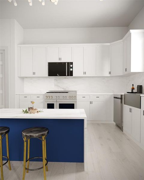 This stunning, modern kitchen in a newly built home in Houston, TX, offers both style and functionality. Featuring sleek white cabinetry and a luxurious marble countertop, the space feels bright and spacious. The kitchen island, highlighted by its bold blue base, adds a striking contrast and serves as the perfect spot for casual meals or entertaining guests. With a top-of-the-line stainless steel stove and built-in microwave, this kitchen is designed for both gourmet cooking and everyday convenience.