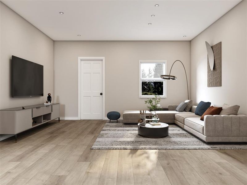 Awesome modern layout on the first floor puts the spacious living room open to the dining area and kitchen. Example photo, virtually staged