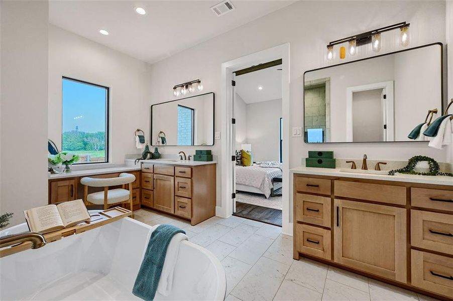 Dual vanities with Primary bathroom with Valentine Gold quartz counters