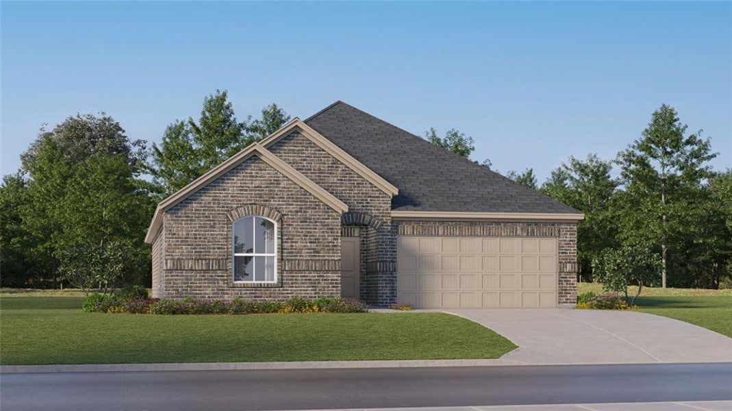 View of front of house with a garage and a front yard