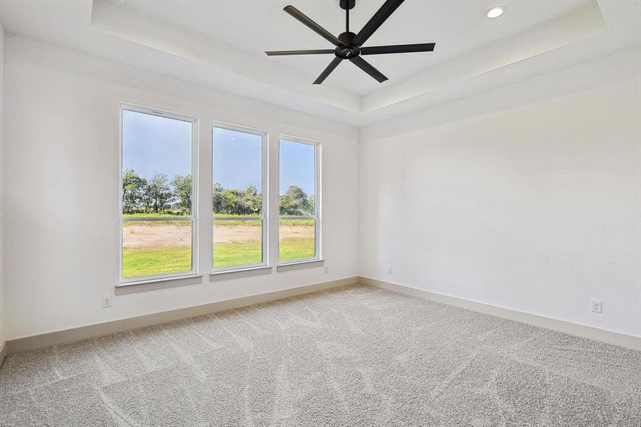 Empty room featuring ceiling fan, light colored carpet, and a raised ceiling