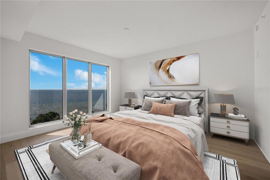 Virtually staged Primary Bedroom with beautiful Bay views