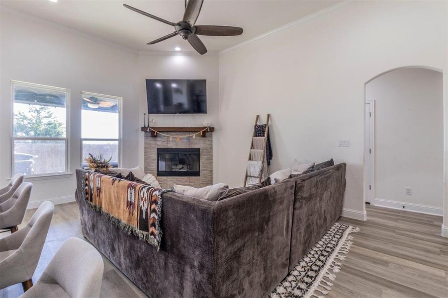 Living room with ceiling fan, a tiled fireplace, light hardwood / wood-style flooring, and crown molding