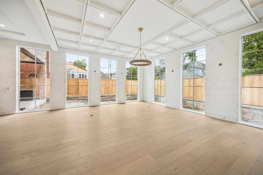 Another view of this Expansive Family Room with floor to ceiling windows.  Incredible Ceiling Detail also in this room.  Construction as of November 8th, 2024.