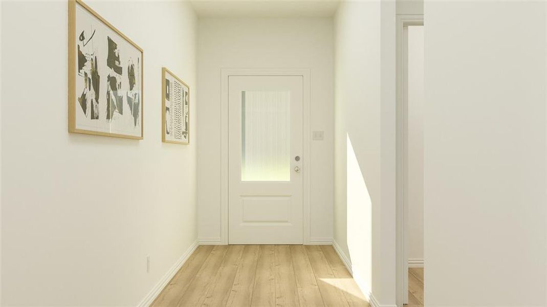 Hall featuring light wood-type flooring