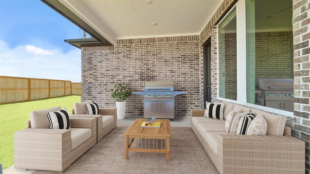 The covered patio is perfect for your outdoor living space, patio furniture, or BBQ pit! It connects to the main living area making it great for indoor/outdoor living and entertaining. *This photo has been virtually staged