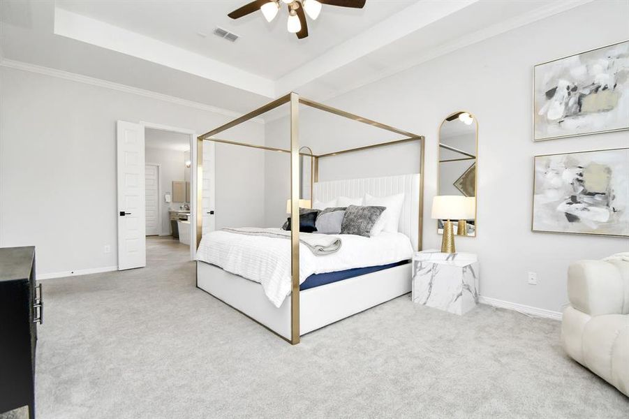 Step into the sanctuary of theprimary bedroom. Soft carpetingunderfoot adds a touch of luxury,creating a warm and invitingatmosphere that extends throughoutthe space.