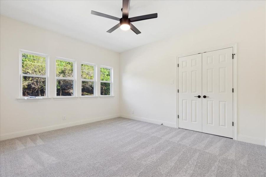 Empty room featuring a healthy amount of sunlight, carpet, and ceiling fan