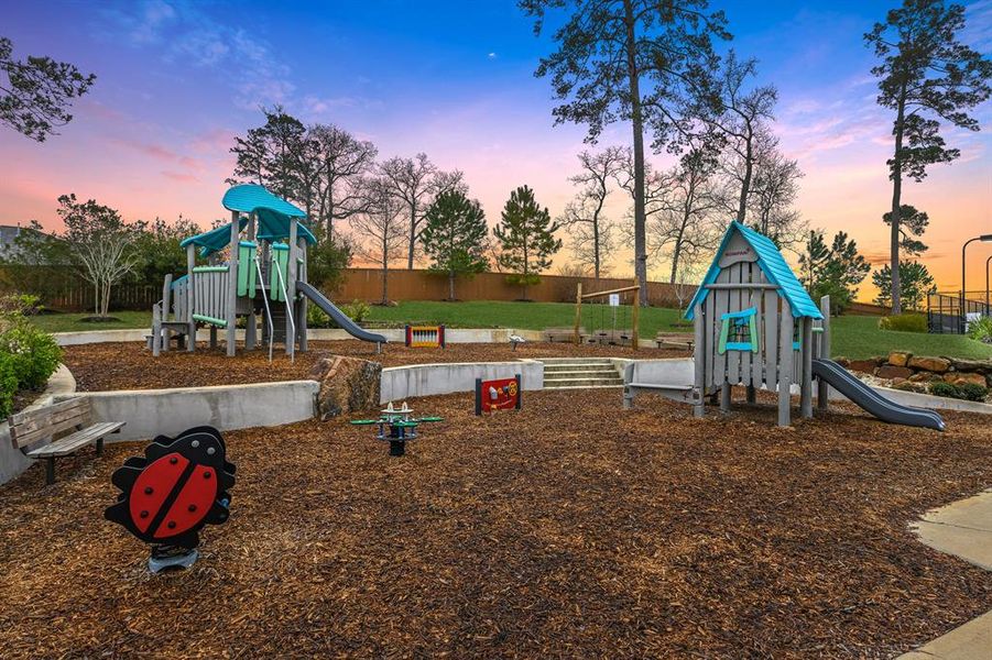 Bring the kids out to play on this exciting playground. While they play, you can sit on the bench soaking up the beautiful scenery including a turtle creek and butterfly garden.