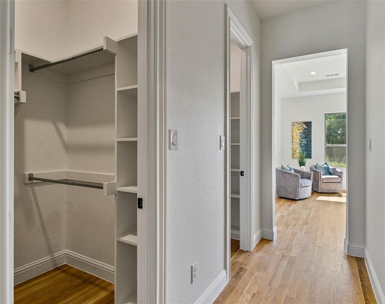 Spacious closet featuring light wood-type flooring