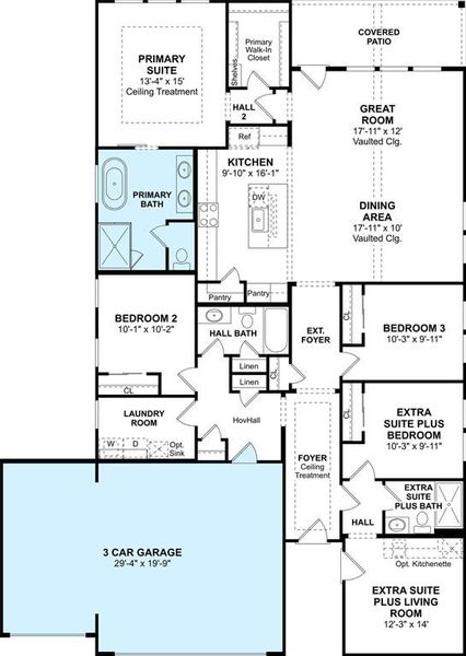 The Pasadena Extra Suite Plus floor plan by K. Hovnanian Homes. 1st Floor shown. *Prices, plans, dimensions, features, specifications, materials, and availability of homes or communities are subject to change without notice or obligation.