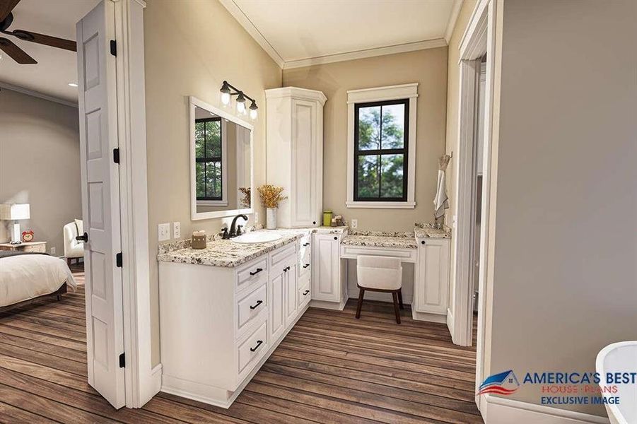 Bathroom with vanity, ceiling fan, hardwood / wood-style flooring, and crown molding
