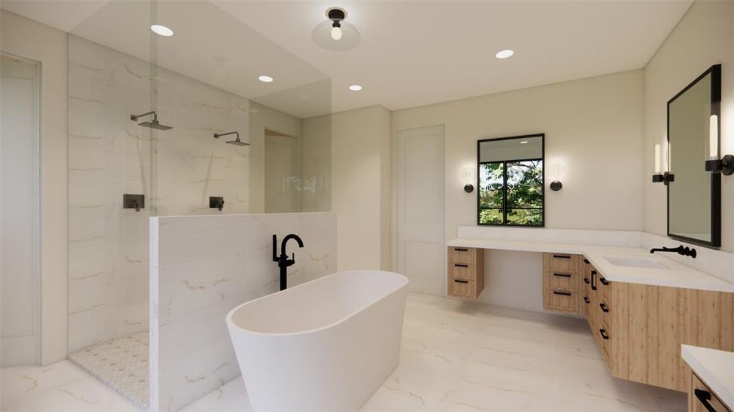 the primary bath featury a walk in shower, soaking tub, dual vanity, and a two large walk-in closets.