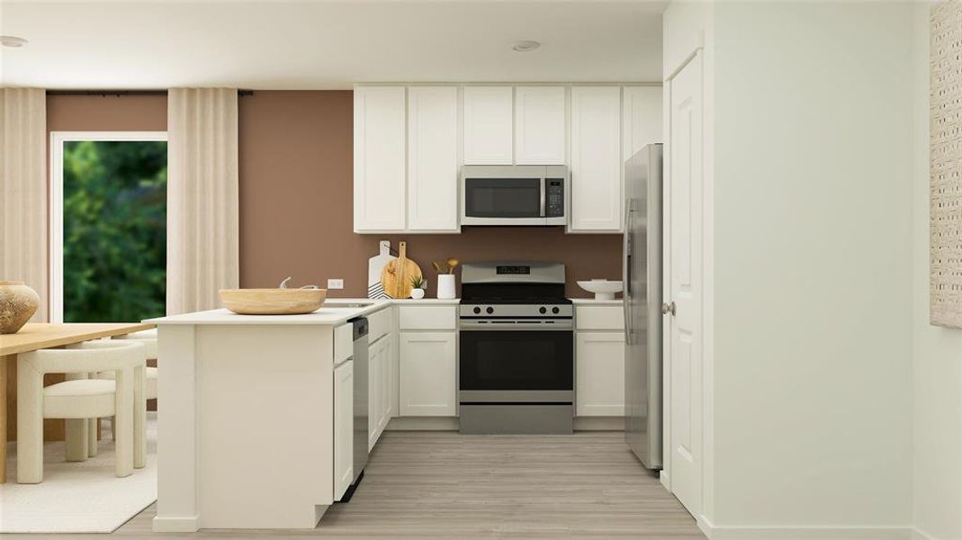 Kitchen with stainless steel appliances, light hardwood / wood-style floors, kitchen peninsula, and white cabinetry