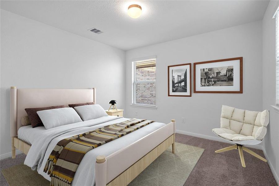 Secondary bedroom features plush carpet, custom paint and a large windows.