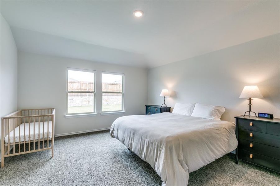 Carpeted bedroom with vaulted ceiling