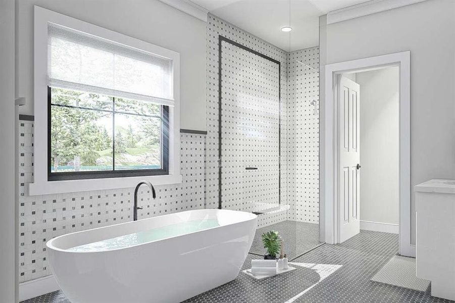 Bathroom featuring tile patterned floors, a bathing tub, and tile walls