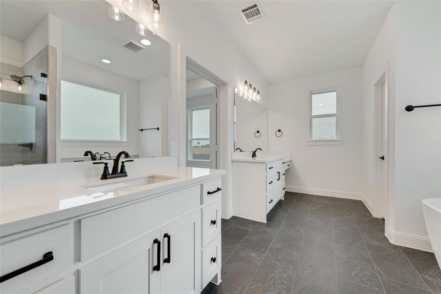 Bathroom with vanity and separate shower and tub