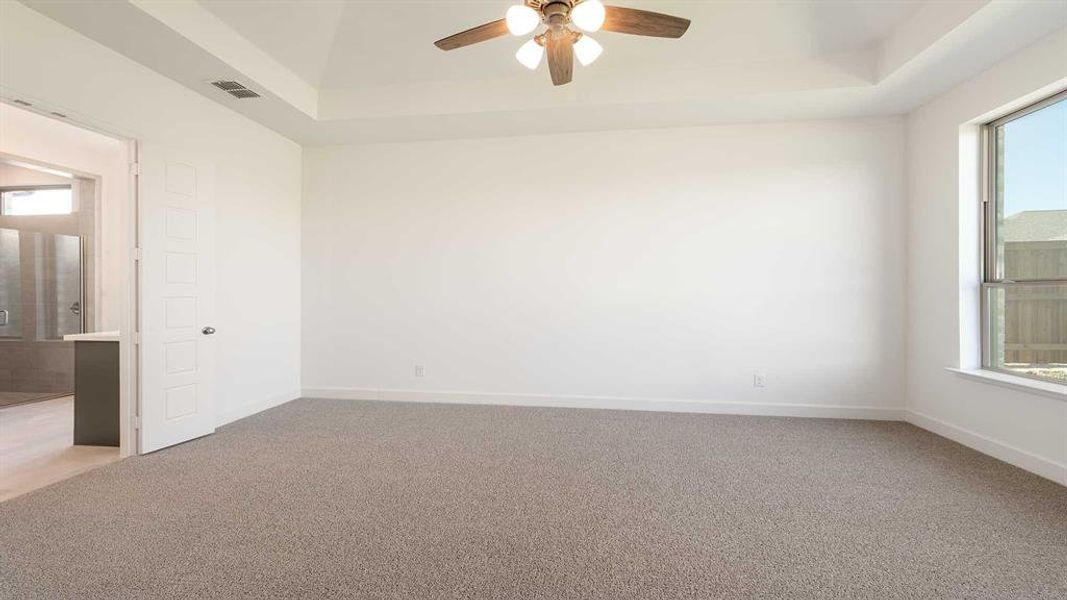 Carpeted spare room with ceiling fan