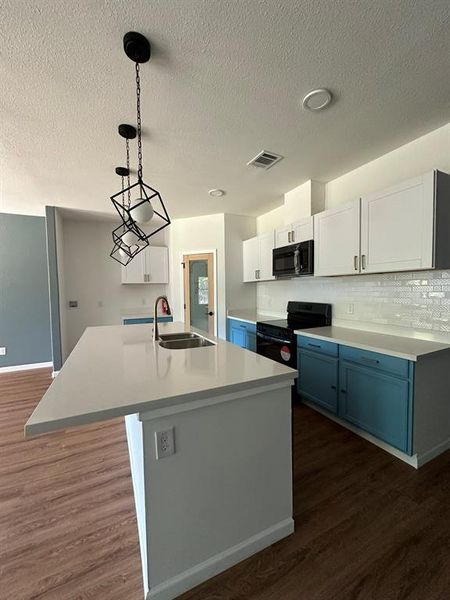 Kitchen with an island with sink, black appliances, sink, and dark hardwood / wood-style floors