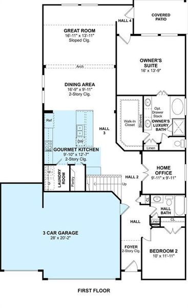 The Elmore floor plan by K. Hovnanian® Homes. 1st Floor shown. *Prices, plans, dimensions, features, specifications, materials, and availability of homes or communities are subject to change without notice or obligation.