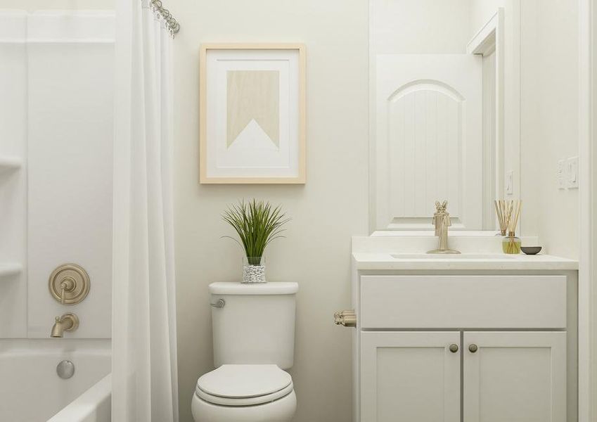 Rendering of a
  bathroom with a white bathtub and shower curtain, toilet, white cabinetry and
  natural décor.