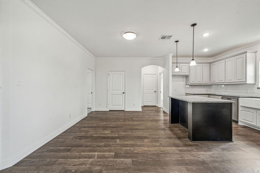 Kitchen with pendant lighting, stainless steel dishwasher, decorative backsplash, a center island, and dark wood-type flooring