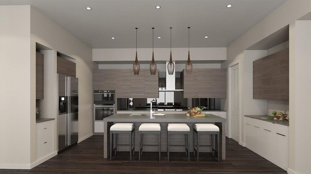 Kitchen with dark hardwood / wood-style flooring, stainless steel appliances, a kitchen island with sink, a breakfast bar, and range hood