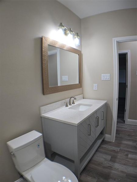 Bathroom with wood-type flooring, vanity, and toilet