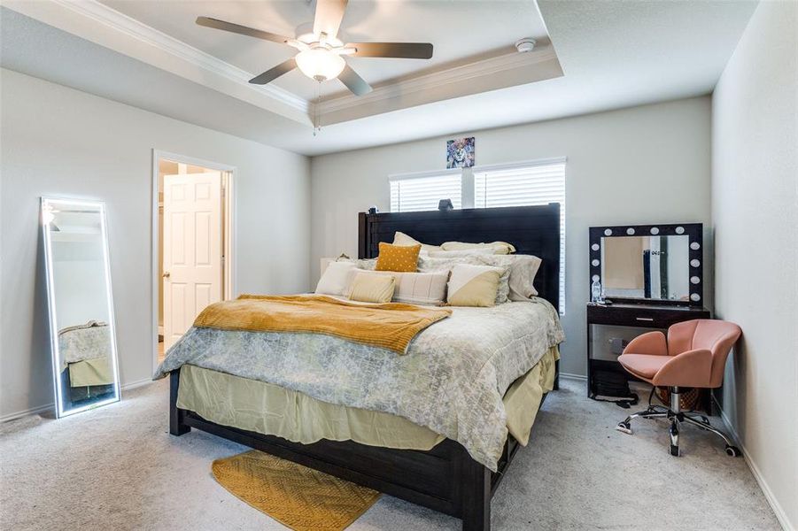 Carpeted bedroom with ceiling fan, a raised ceiling, and ornamental molding