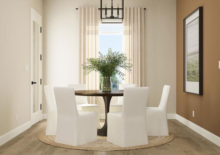 Rendering of the dining room with
  wood-look luxury vinyl plank flooring. It has a window and a doorway that
  leads to the patio and is furnished with a round six-person table.