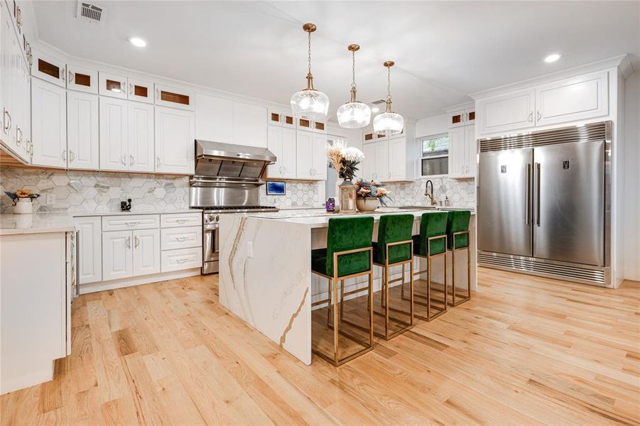 Kitchen featuring backsplash, white cabinets, light hardwood / wood-style flooring, and high quality appliances