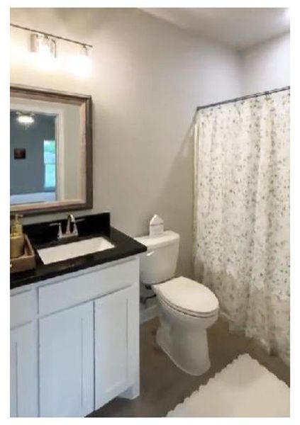 Bathroom featuring walk in shower, vanity, toilet, and hardwood / wood-style flooring