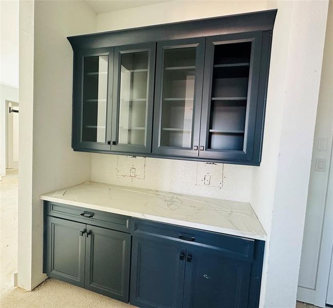 Butler's Pantry with Navy Cabinets.