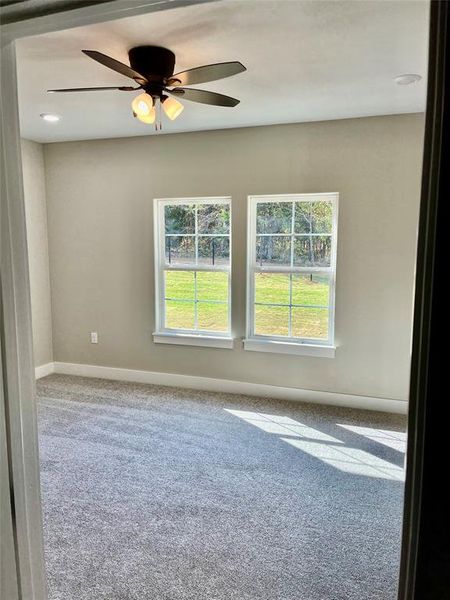 Empty room featuring ceiling fan, a healthy amount of sunlight, and carpet