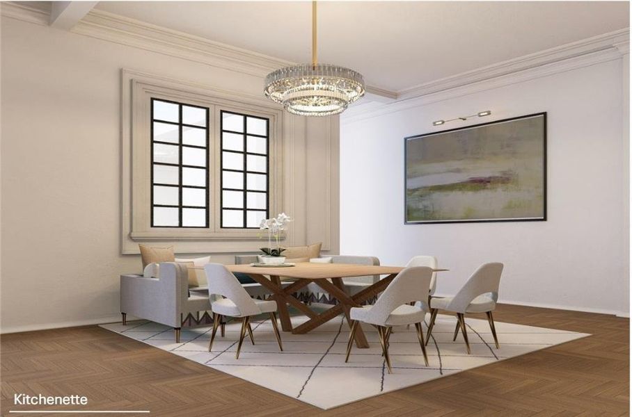 Dining area with parquet floors, ornamental molding, and a healthy amount of sunlight