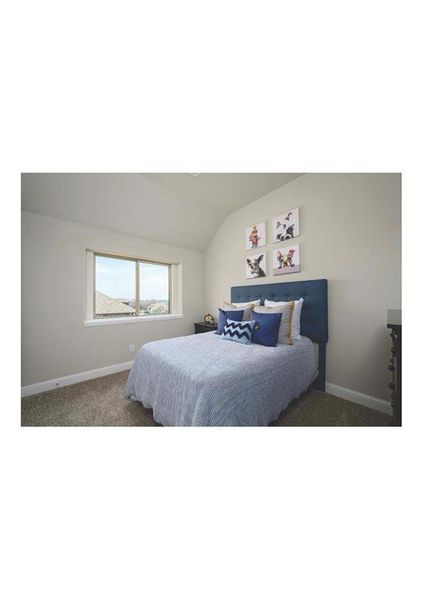 Carpeted bedroom featuring lofted ceiling