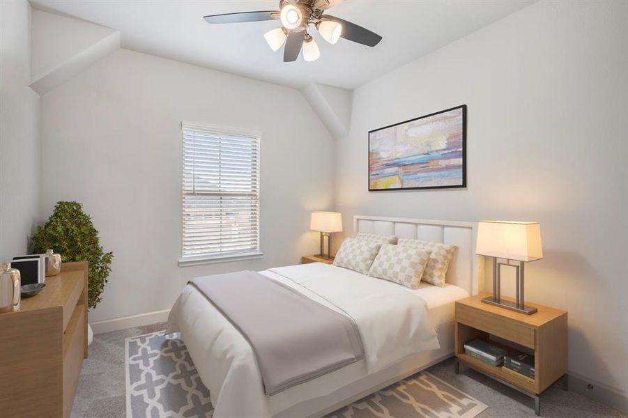 This spacious secondary bedroom features bright natural light, a ceiling fan, and plush carpet! It's tucked away from the other secondary bedrooms giving additional privacy with it's own bathroom *This room has been virtually staged