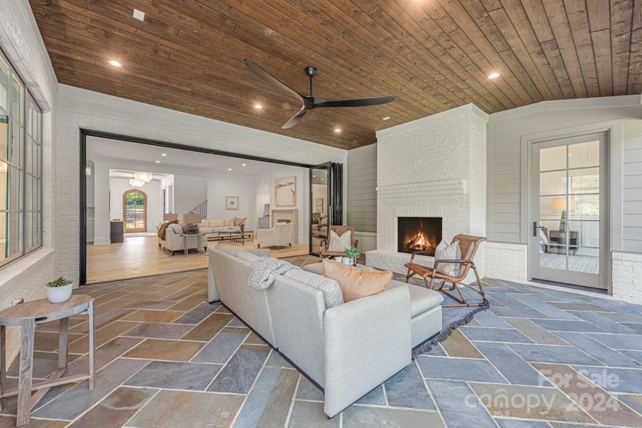 Screened porch with fireplace