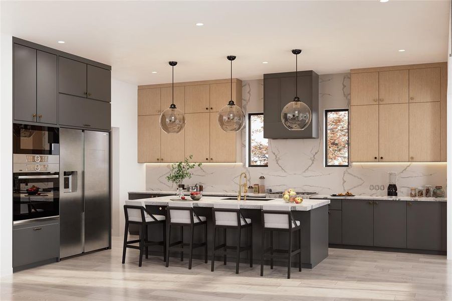 Kitchen: Ample storage and a chefs dream! Open concept with views to the living room and covered pattio/backyard.Image is a digital rendering and digitally staged. Actual Colors and finishes may vary.