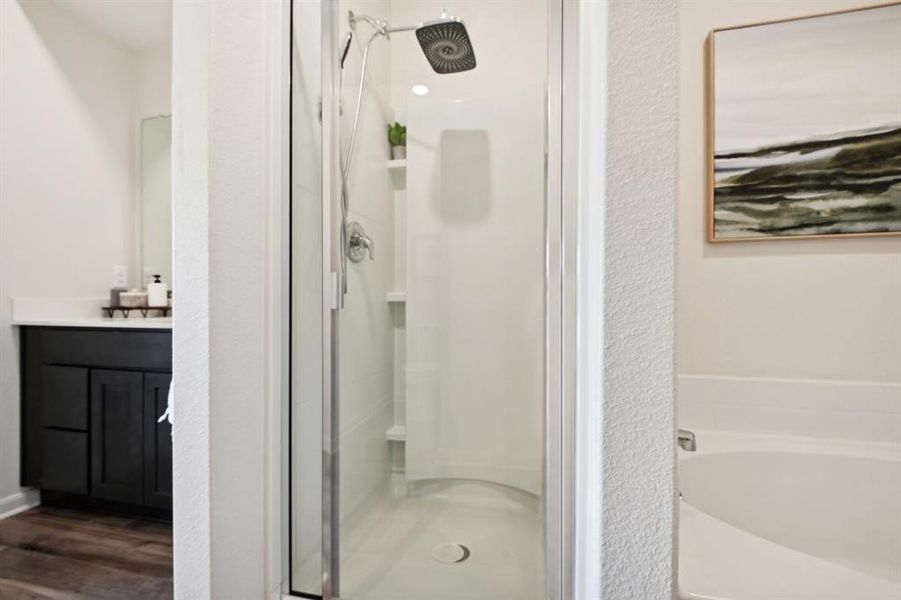 Bathroom with shower with separate bathtub, wood-type flooring, and vanity